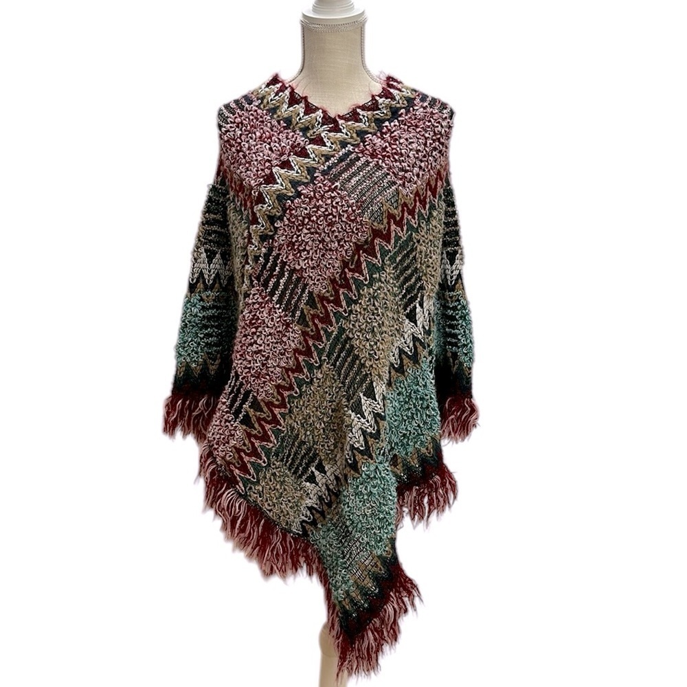 Coco &‎ Carmen Marceline Chunky Open Knit Poncho O/S Colorful Fringe Lightweight